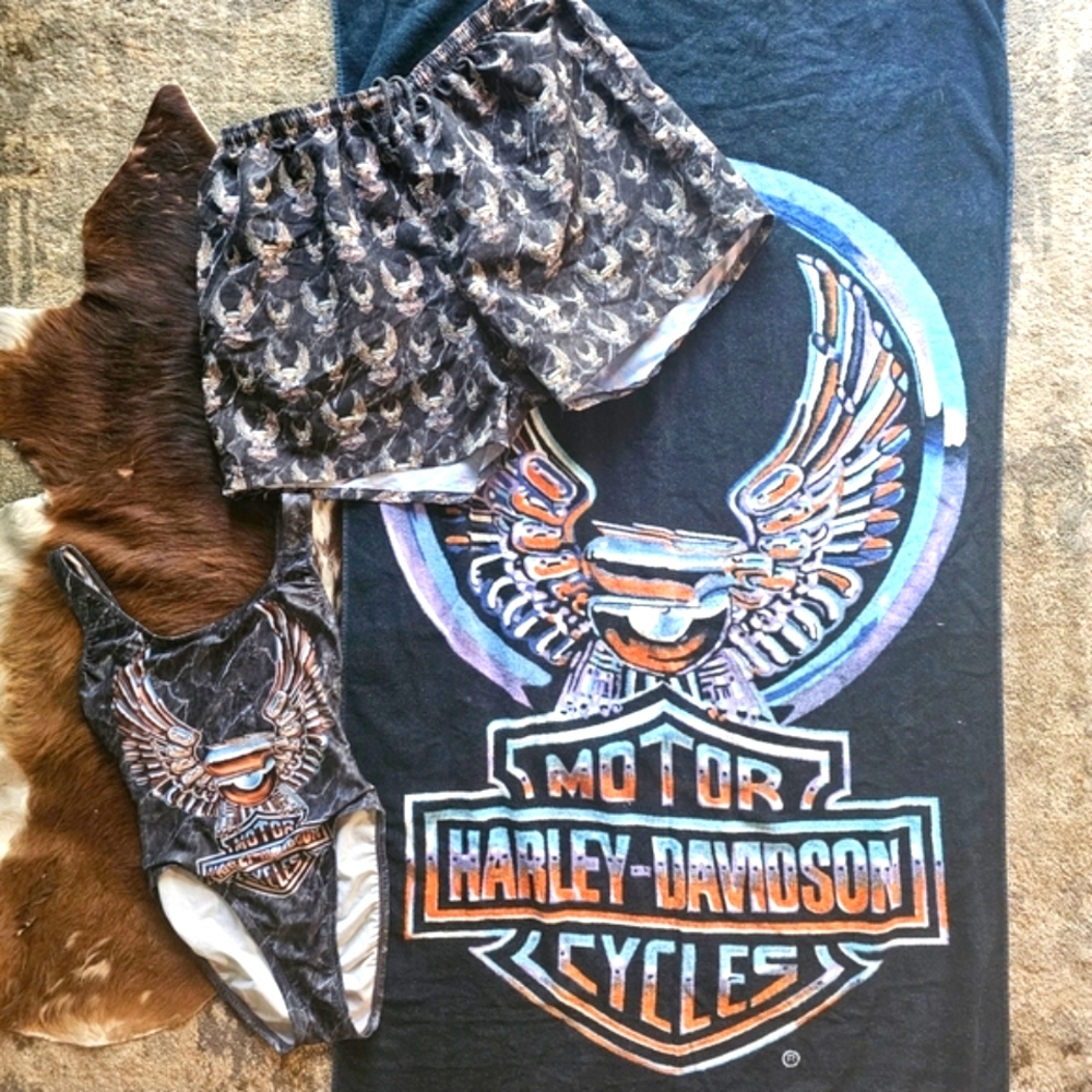 RARE VINTAGE 90s 1990 3D Graphic Harley Davidson Swim Trunks XL